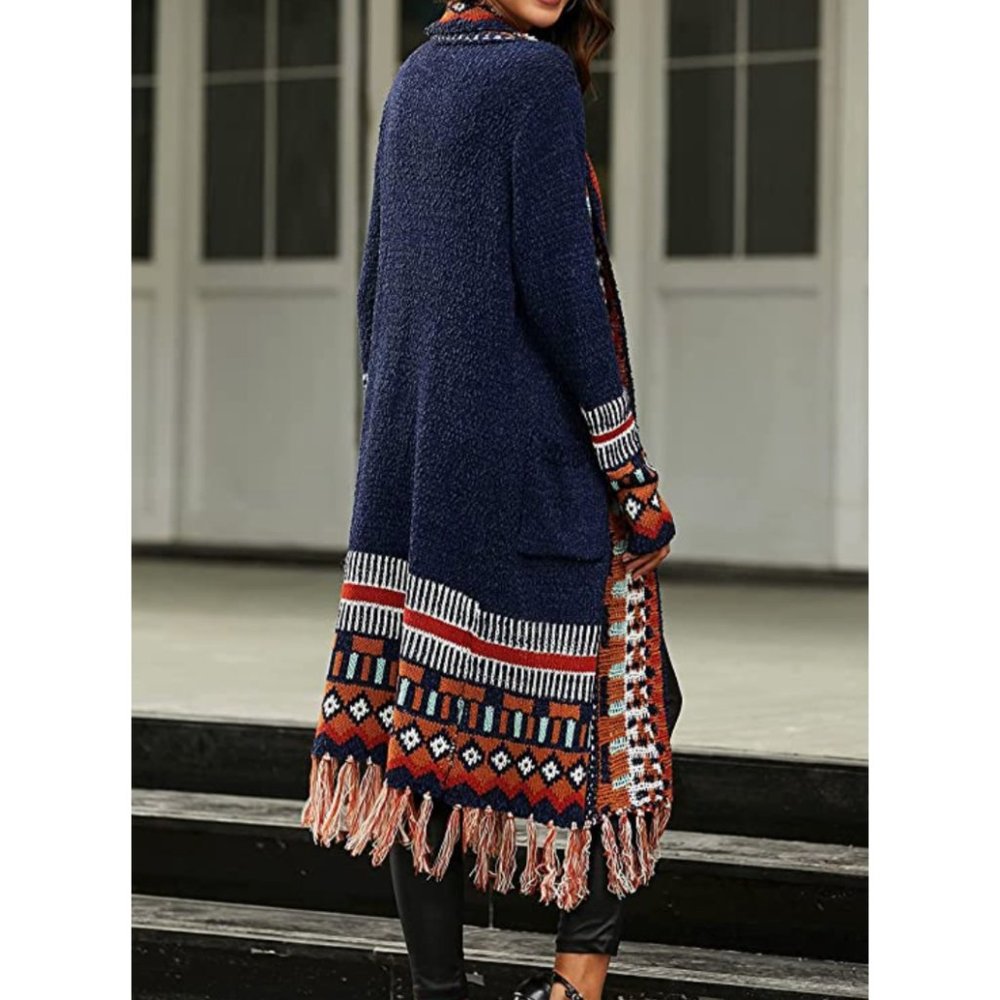Navy Blue Multicolor Aztec Tribal Print Knit Long Cardigan Duster Kimono Sweater - Picture 3 of 8